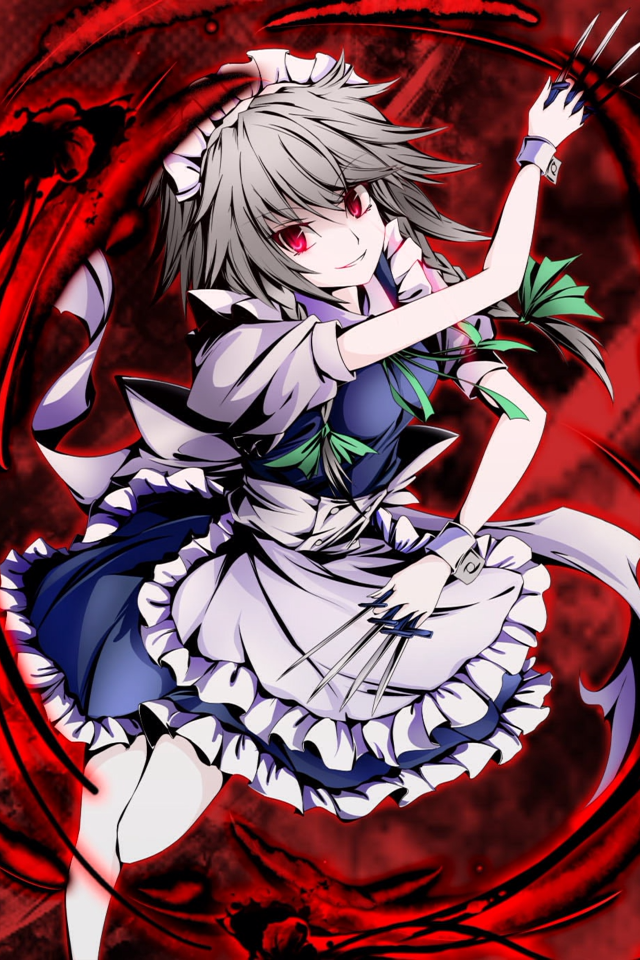 artist_request braid izayoi_sakuya knife maid red_eyes silver_hair smile solo source_request touhou