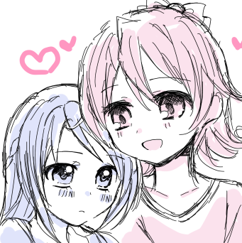 :d aida_mana bad_id bad_pixiv_id blue_hair blush couple dokidoki!_precure face heart hishikawa_rikka hotatete leaning_on_person lowres monochrome multiple_girls open_mouth pink_hair precure simple_background smile upper_body white_background yuri