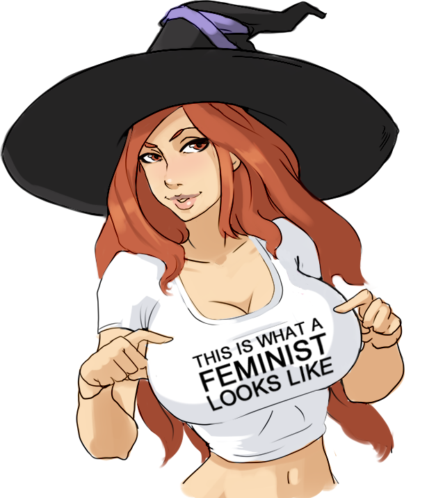 breasts cleavage clothes_writing dragon's_crown drawfag hat huge_breasts lips midriff navel pointing pointing_at_self red_hair shirt solo sorceress_(dragon's_crown) t-shirt taut_clothes taut_shirt witch_hat