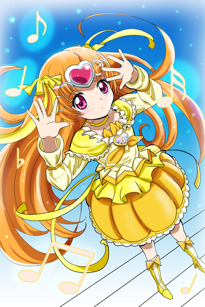 aitaso beamed_eighth_notes boots bow brooch bubble_skirt choker circlet cure_muse_(yellow) eighth_note flat_sign frills hair_ribbon heart jewelry knee_boots long_hair magical_girl musical_note orange_hair precure purple_eyes ribbon shirabe_ako sixteenth_note skirt smile solo suite_precure yellow_bow yellow_choker yellow_skirt