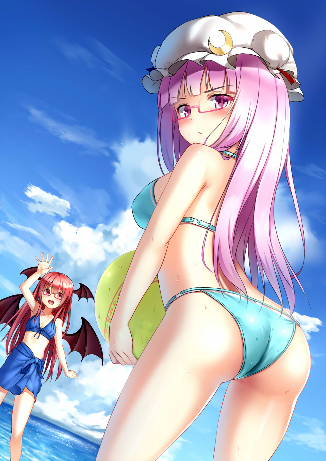 alexmaster alternate_costume ass ball bat_wings beach beachball bespectacled bikini blue_sarong blush breasts cleavage cloud crescent day glasses hat head_wings highres koakuma large_breasts leaning_forward looking_at_viewer looking_back multiple_girls multiple_wings ocean outdoors patchouli_knowledge purple_eyes purple_hair red-framed_eyewear red_eyes red_hair sarong sky smile swimsuit touhou water waving wet wings