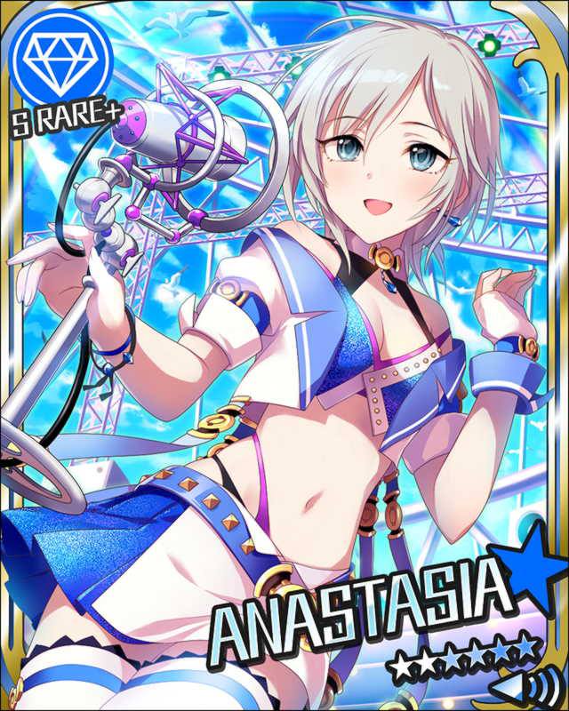 :d anastasia_(idolmaster) artist_request blue_eyes blush bracelet card_(medium) character_name diamond_(symbol) earrings idolmaster idolmaster_cinderella_girls jewelry microphone official_art open_mouth short_hair silver_hair skirt smile solo stage_lights thighhighs
