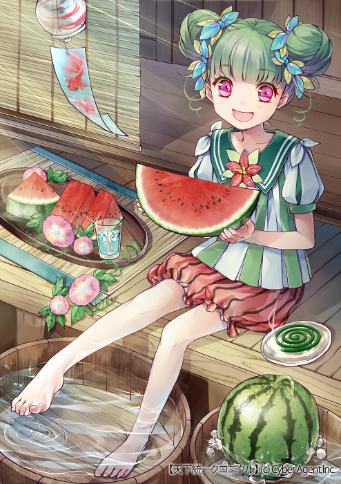 :d barefoot bloomers double_bun feet flower food fruit glass green_hair legs mikuni_(mikunik) morning_glory mosquito_coil open_mouth original purple_eyes short_hair sitting smile soaking_feet solo sunlight tenka_touitsu_chronicle toes tray tub underwear veranda water watermelon wind_chime