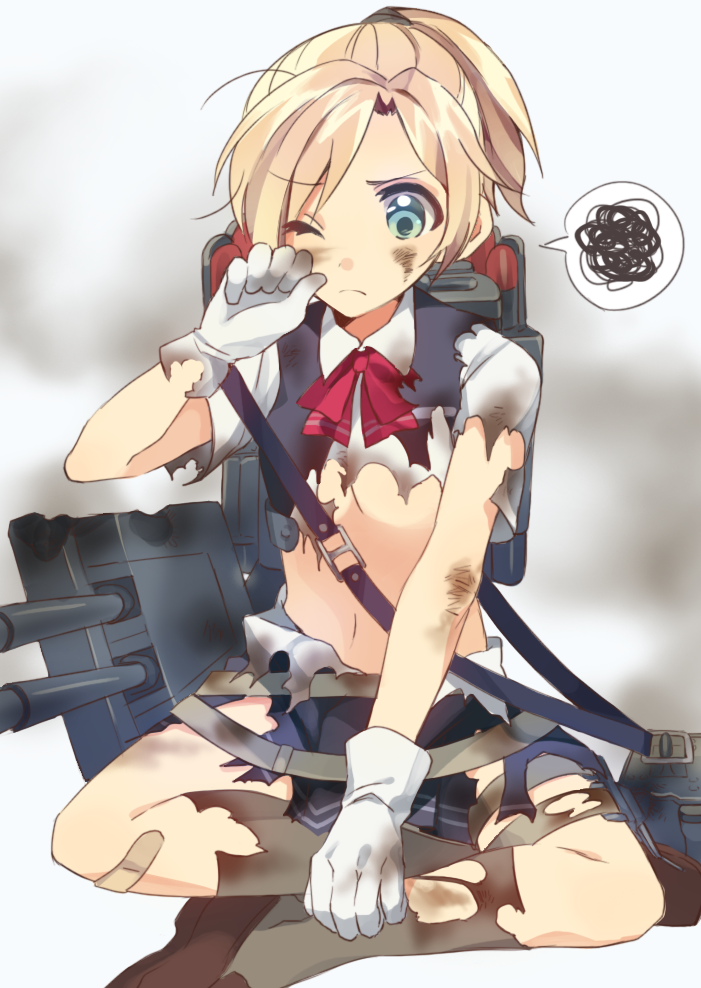 aqua_eyes bandaid bandaid_on_knee blonde_hair frown gloves indian_style kantai_collection kneehighs linaria_(ookinahitomi) maikaze_(kantai_collection) mecha_musume midriff navel one_eye_closed ponytail scratches shirt short_hair sitting skirt solo spoken_squiggle squiggle thigh_strap torn_clothes torn_shirt torn_skirt vest white_gloves wiping_face