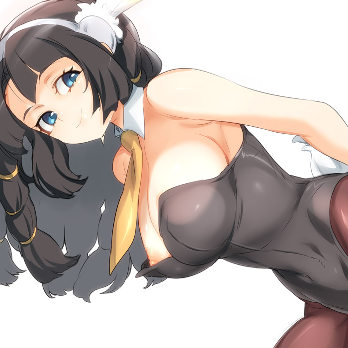 bare_shoulders bent_over black_hair black_legwear blue_eyes blush braid breasts bunny_girl bunny_tail bunnysuit detached_collar feathers hair_feathers hair_ornament la_mulana large_breasts long_hair looking_at_viewer mulbruk naso4 necktie nipple_slip nipples pantyhose smile solo tail