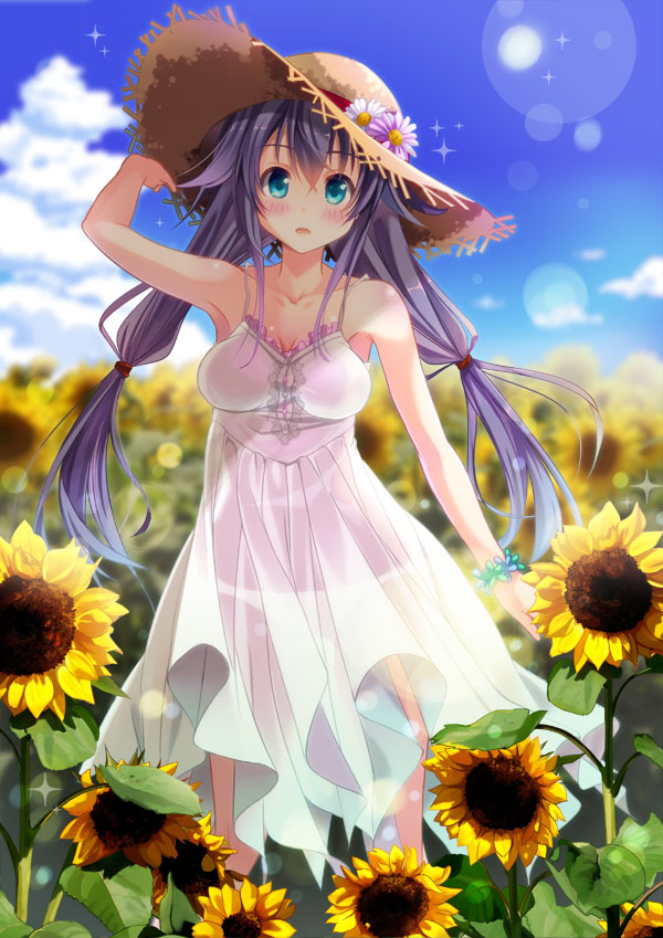 bare_shoulders blue_eyes blush cloud day dress flower hat md5_mismatch original purple_hair see-through sky solo sunflower takanashi_haruto twintails