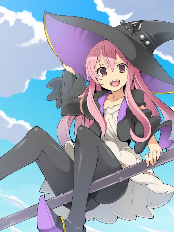 :d atelier_(series) atelier_escha_&amp;_logy black_legwear cloud collarbone day dress from_below hand_on_headwear hat long_hair open_mouth pantyhose pink_eyes pink_hair shamanwer sitting sky smile solo staff white_dress wilbell_voll=erslied witch witch_hat