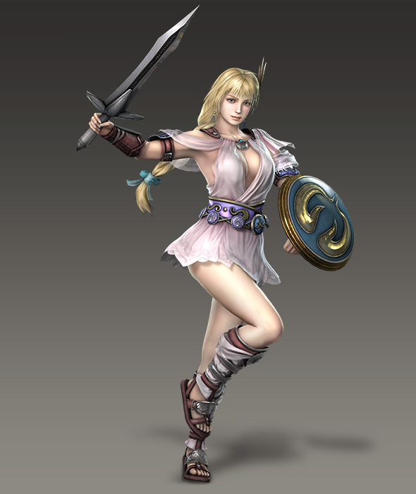 1girl 3d breasts large_breasts musou_orochi musou_orochi_2 official_art simple_background solo sophitia_alexandra soul_calibur soulcalibur_iv sword weapon