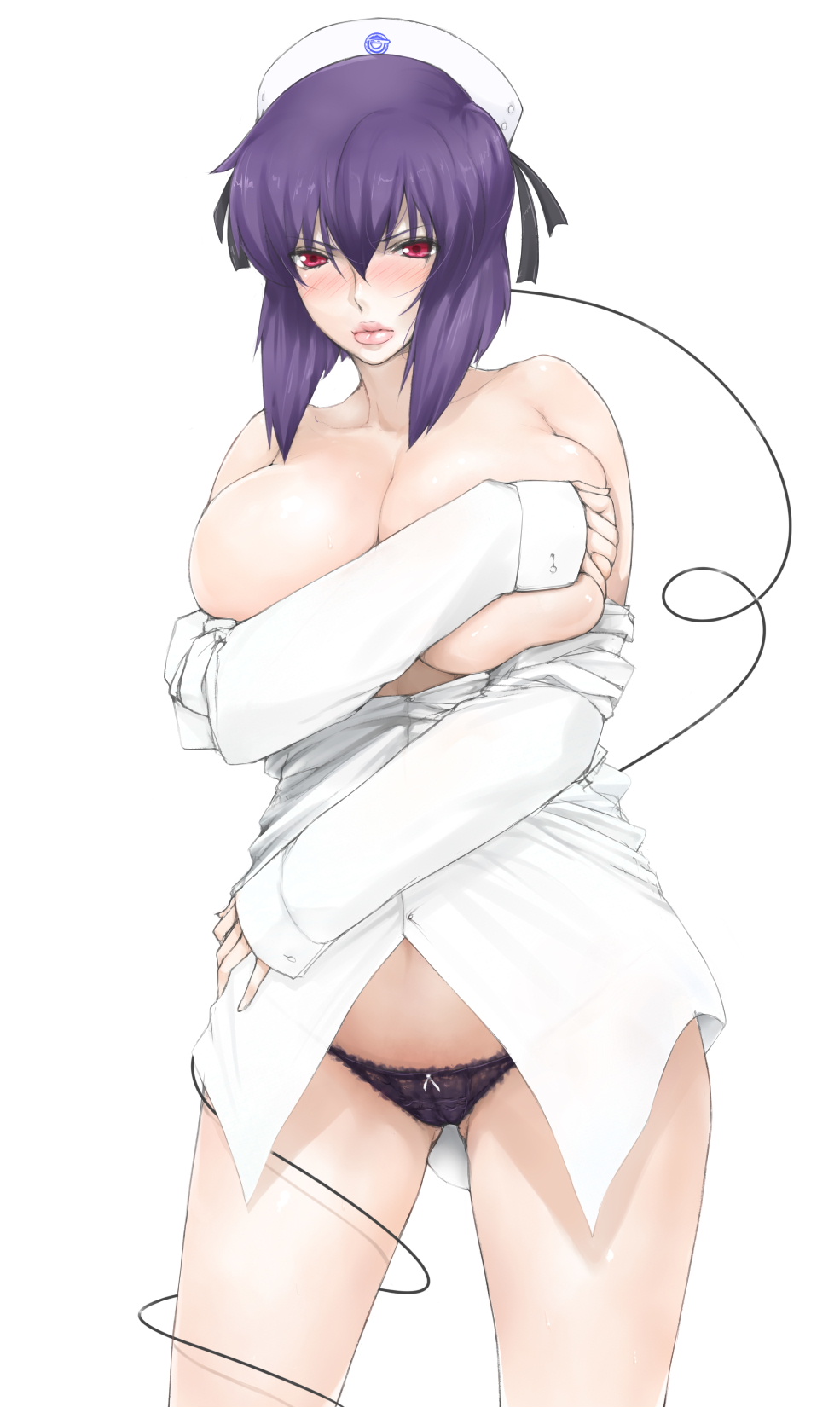blush breasts covering covering_breasts dress_shirt ghost_in_the_shell hat highres huge_breasts kusanagi_motoko libre no_pants panties purple_hair red_eyes shirt solo underwear wire