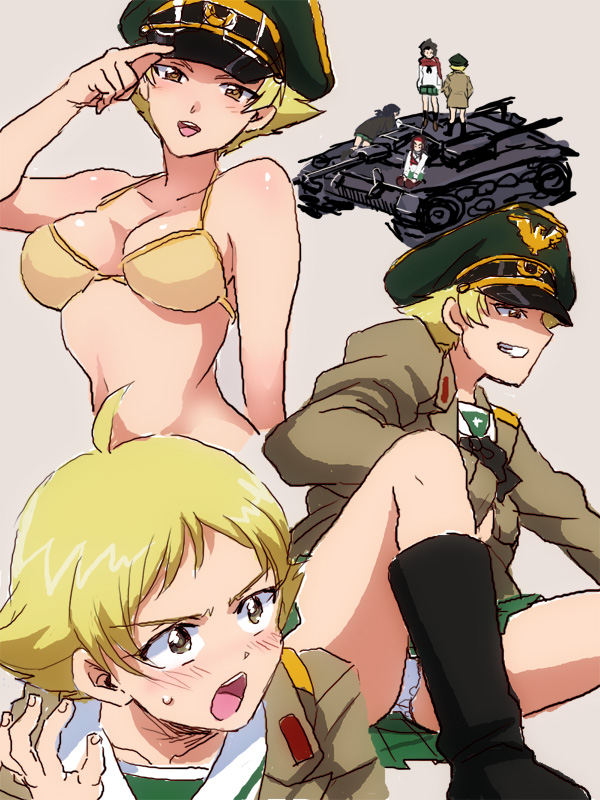 4girls bikini bikini_top blonde_hair blush breasts brown_eyes caesar_(girls_und_panzer) cleavage drawfag erwin erwin_(girls_und_panzer) girls_und_panzer hat military_vehicle multiple_girls open_mouth oryou_(girls_und_panzer) panties peaked_cap saemonza short_hair skirt smile smirk stug_iii swimsuit tank underwear yellow_bikini