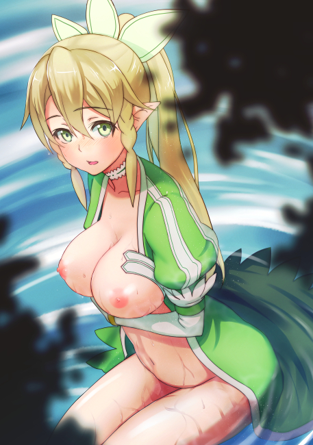 blonde_hair blush bottomless braid breasts choker elf hoshimoto_pierrot large_breasts leafa long_hair nipples partially_submerged pointy_ears ponytail sitting solo sword_art_online twin_braids water wet