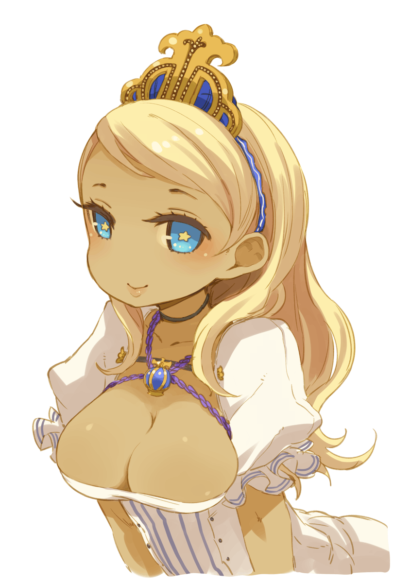 blonde_hair blue_eyes blush breasts cleavage dark_skin highres large_breasts long_hair mota original princess short_sleeves smile solo star star-shaped_pupils symbol-shaped_pupils upper_body