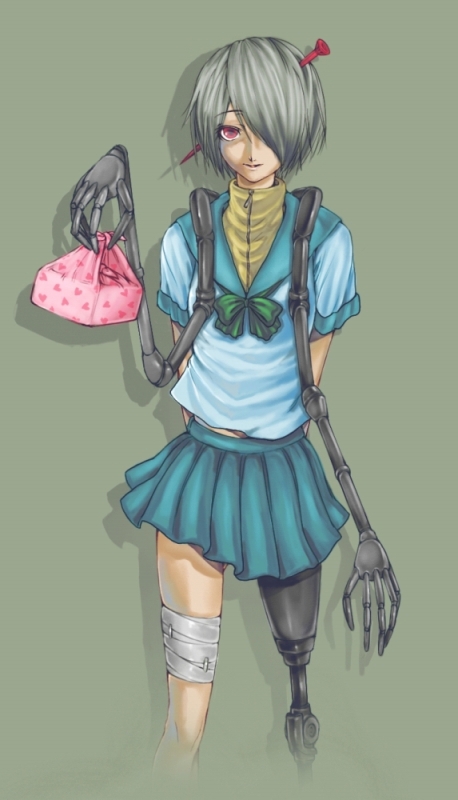 arms_behind_back bolt character_request copyright_request cyborg flat_chest hair_over_one_eye lunchbox mechanical_arms pleated_skirt prosthesis red_eyes school_uniform serafuku short_hair silver_hair skirt solo task_(artist)