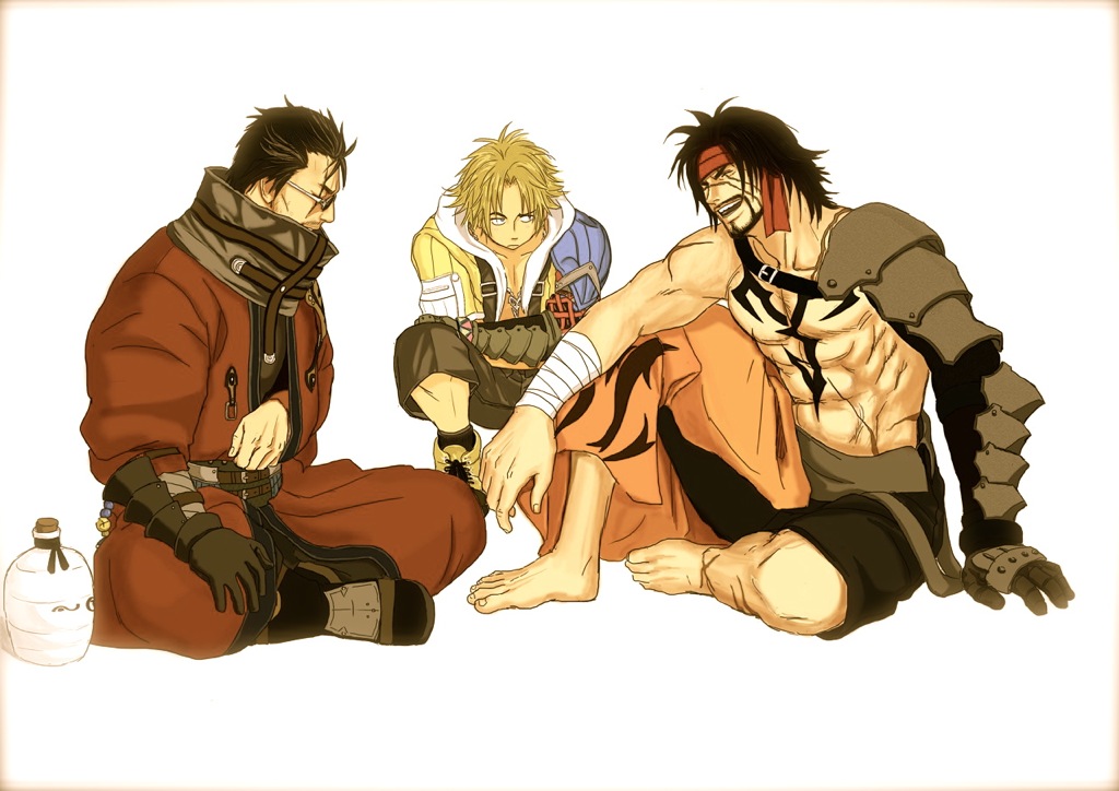 armor auron barefoot black_hair blonde_hair chest_tattoo closed_eyes crossed_legs facial_hair father_and_son final_fantasy final_fantasy_x flask jecht male_focus misono multiple_boys muscle open_mouth scar shoes single_bare_arm sitting squatting sunglasses tattoo teeth tidus toes