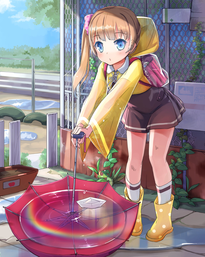 backpack bag blue_eyes boots brown_hair chain-link_fence fence hood hood_down jin_young-in leaning_forward long_hair original plant puddle rainbow raincoat randoseru rubber_boots school_uniform scrunchie side_ponytail socks solo standing umbrella