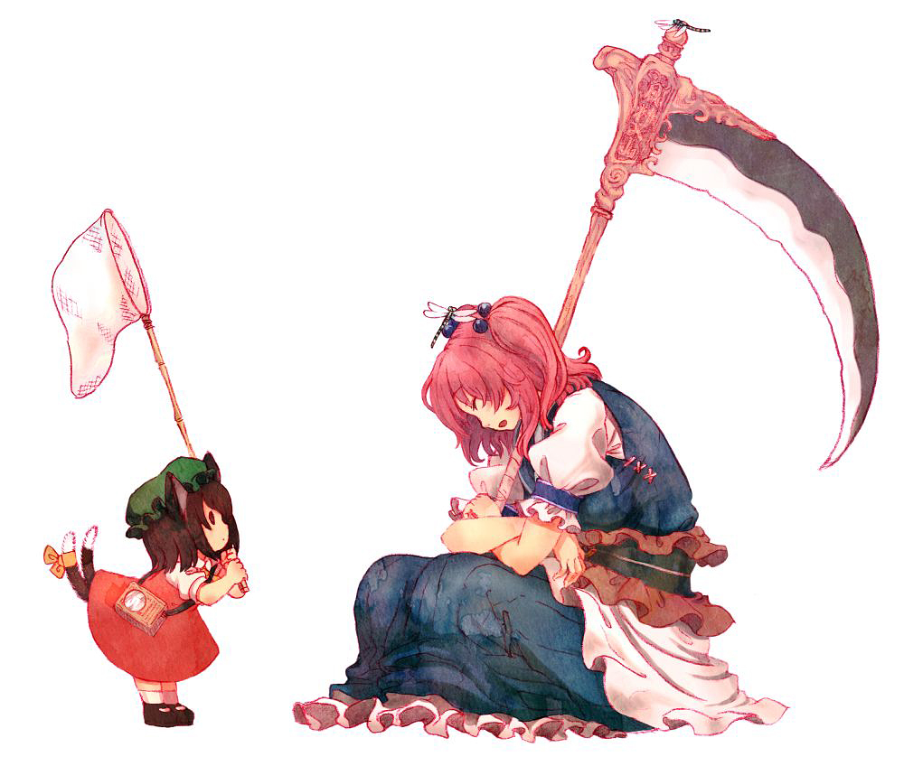 alternate_weapon animal_ears brown_hair bug butterfly_net cat_ears cat_tail chen dragonfly hair_bobbles hair_ornament hand_net hat insect multiple_girls multiple_tails nekomata obi onozuka_komachi red_hair sash scythe simple_background sitting sleeping tail terrajin touhou traditional_media two_side_up weapon white_background