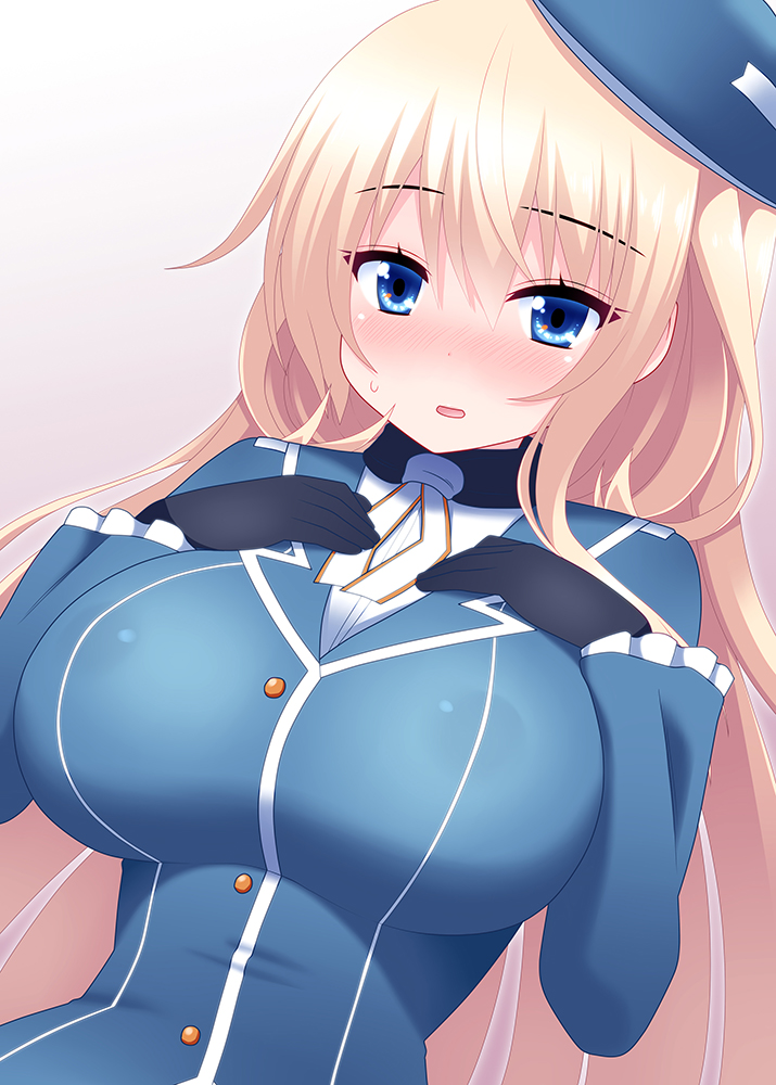 atago_(kantai_collection) black_gloves blonde_hair blue_eyes blue_hat blush breast_suppress breasts gloves hat kantai_collection large_breasts long_hair looking_at_viewer military military_uniform nase open_mouth solo uniform
