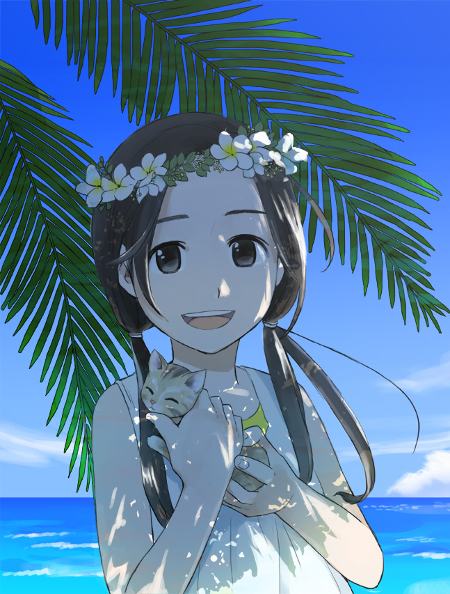 :d black_eyes blue_sky brown_hair cat day dress flower head_wreath holding holding_cat horizon long_hair looking_at_viewer low_twintails morifumi ocean open_mouth original outdoors palm_tree sky smile solo tree tree_shade twintails under_tree water white_dress