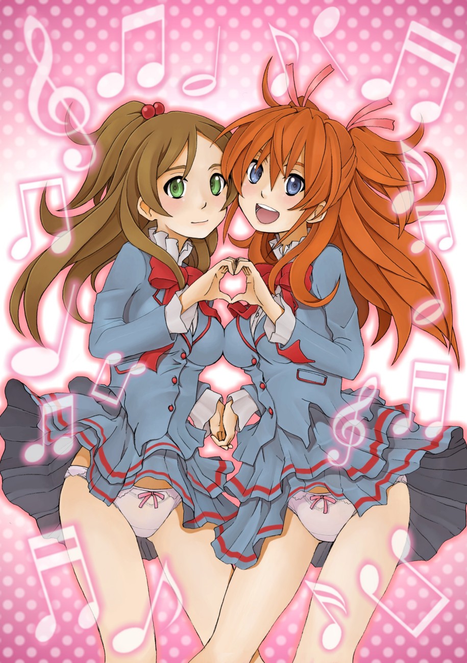 aria_gakuen_school_uniform azarashing_day bad_id bad_pixiv_id beamed_eighth_notes beamed_sixteenth_notes blazer blue_eyes blue_shirt blush bow bow_panties bowtie brown_hair eighth_note green_eyes half_note half_updo heart heart_hands highres holding_hands houjou_hibiki jacket lace lace-trimmed_panties long_hair long_sleeves looking_at_viewer minamino_kanade miniskirt multiple_girls musical_note open_mouth orange_hair panties pantyshot pantyshot_(standing) pink_background pleated_skirt polka_dot polka_dot_background precure purple_panties quarter_note ribbon school_uniform shirt side-by-side sixteenth_note skirt smile standing suite_precure symmetrical_hand_pose treble_clef two_side_up underwear white_shirt wind wind_lift
