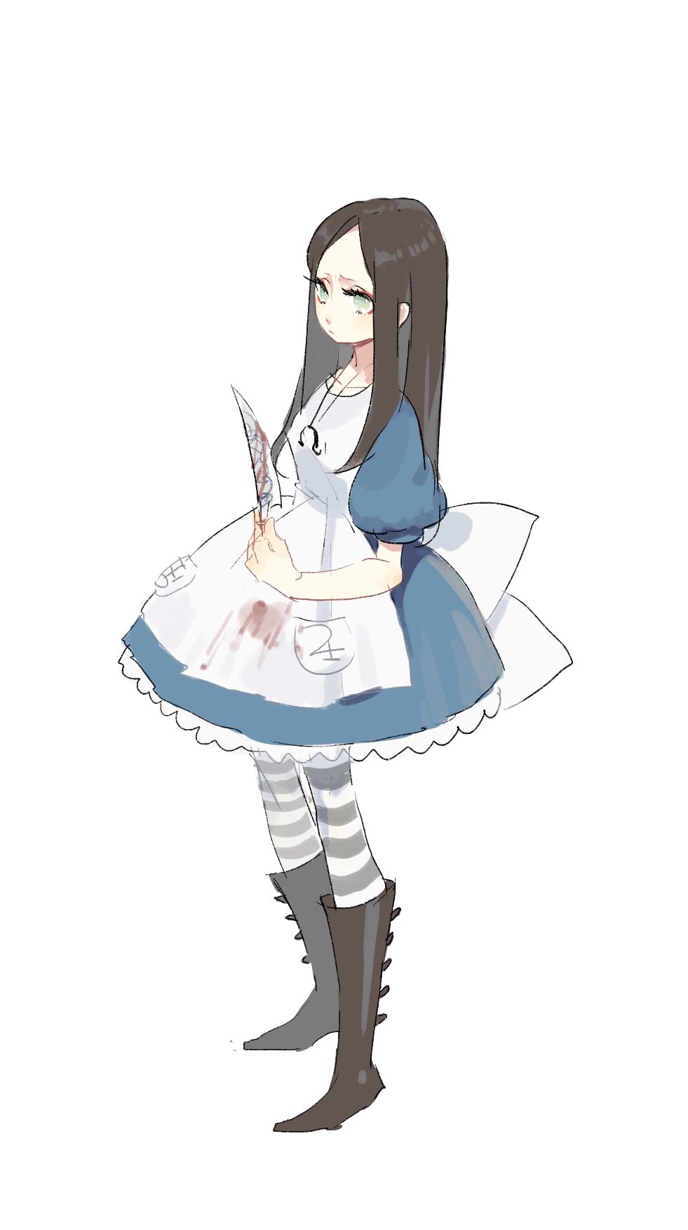 alice:_madness_returns alice_(wonderland) alice_in_wonderland alice_liddell american_mcgee's_alice american_mcgee's_alice apron black_hair bluerancel boots dress green_hair jewelry knife long_hair pantyhose weapon