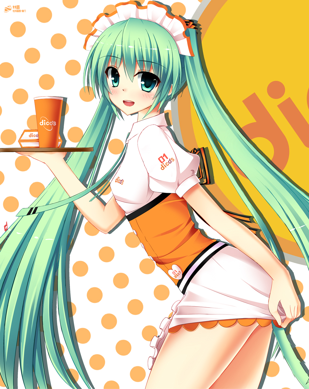 character_name green_eyes green_hair hatsune_miku headdress highres kukan long_hair looking_at_viewer name_tag open_mouth skirt solo tray very_long_hair vocaloid waitress