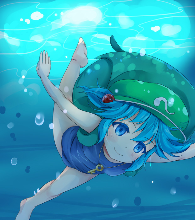 backpack bag barefoot blue_eyes blue_hair blue_swimsuit bubble diving freediving hair_bobbles hair_ornament hat kawashiro_nitori key niiya one-piece_swimsuit school_swimsuit smile solo swimming swimsuit touhou two_side_up underwater