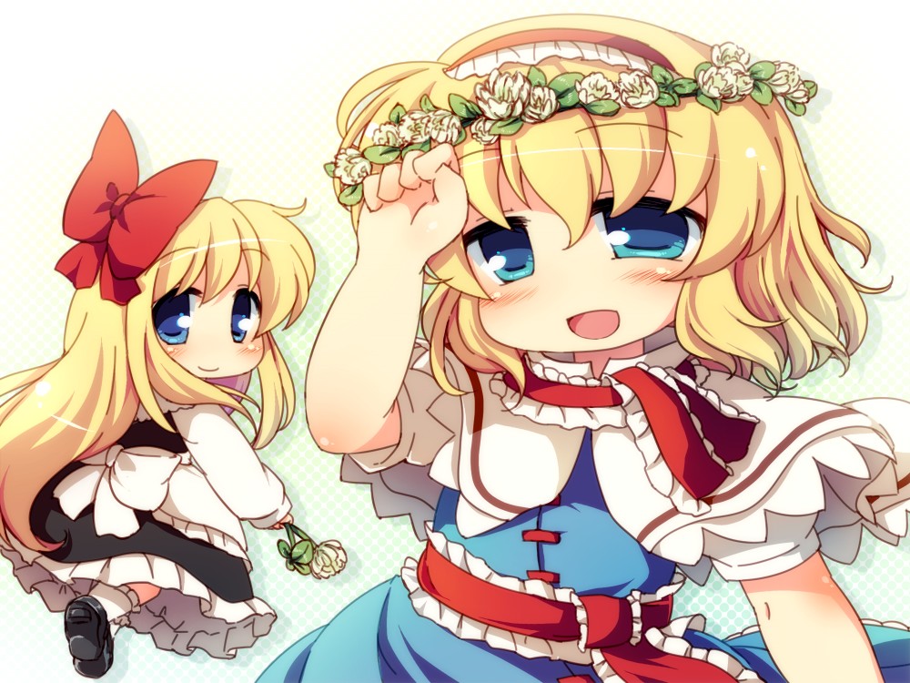 alice_margatroid apron blonde_hair blue_eyes bow capelet dress flower gradient gradient_background hair_bow hairband hand_on_own_face head_wreath leaf lolita_hairband long_hair looking_at_viewer looking_back matatabi_(nigatsu) open_mouth ribbon rose sash shanghai_doll short_hair simple_background smile solo touhou waist_apron white_flower white_rose