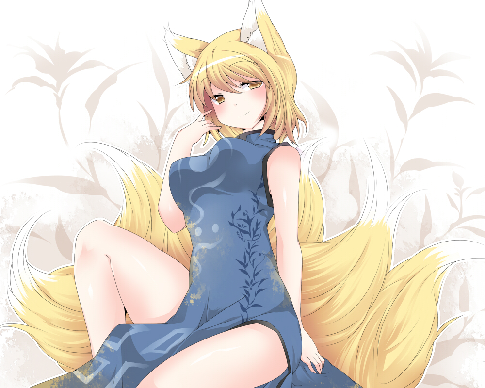 alternate_costume animal_ears blonde_hair breasts china_dress chinese_clothes dress floral_print fox_ears fox_tail hammer_(sunset_beach) medium_breasts multiple_tails no_hat no_headwear short_hair sitting sleeveless smile solo tail touhou yakumo_ran yellow_eyes