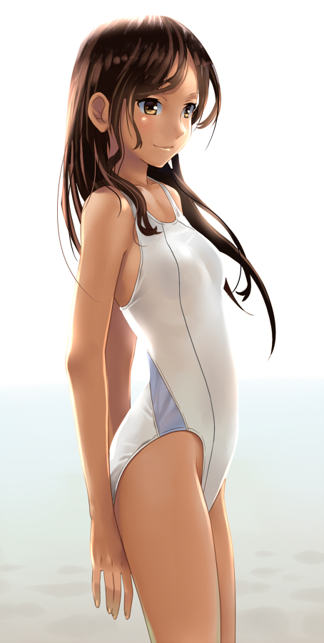arms_behind_back brown_eyes brown_hair competition_swimsuit cowboy_shot katahira_masashi light long_hair one-piece_swimsuit original smile solo swimsuit white white_swimsuit