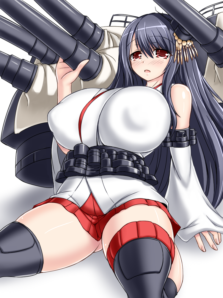 black_hair blush breasts cannon covered_nipples detached_sleeves error fusou_(kantai_collection) hair_ornament holding huge_breasts japanese_clothes kantai_collection long_hair microskirt miko nontraditional_miko pleated_skirt red_eyes red_skirt remodel_(kantai_collection) rigging shiny shiny_skin simple_background skirt solo thighs tsukioka_kirio turret white_background