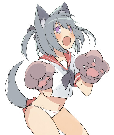 :d animal_ears gloves lowres mizuki_(koko_lost) navel open_mouth original panties paw_gloves paws smile solo tail underwear wolf_ears wolf_tail