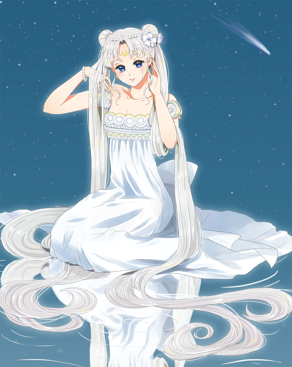 back_bow bad_id bad_pixiv_id bare_shoulders bishoujo_senshi_sailor_moon blue_background blue_eyes bow cinnamun crescent double_bun dress facial_mark flower forehead_mark full_body hair_flower hair_ornament hairpin highres long_hair princess_serenity reflection smile solo strapless strapless_dress tears tsukino_usagi twintails white_dress white_hair