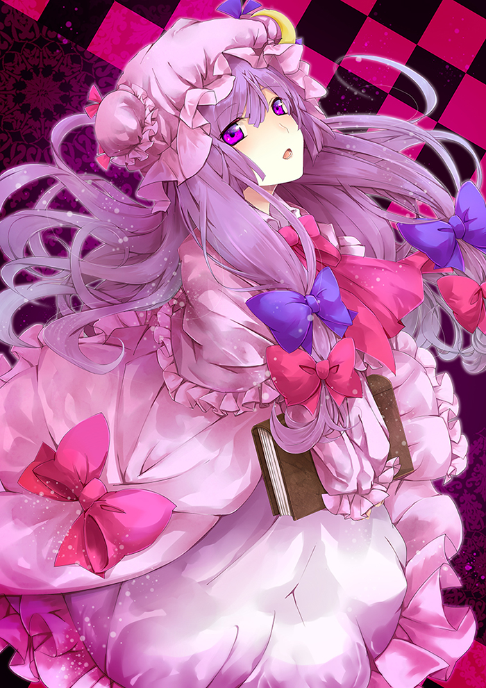 book bow checkered checkered_background crescent dress hat long_hair open_mouth patchouli_knowledge purple_eyes purple_hair sakura_ran solo touhou