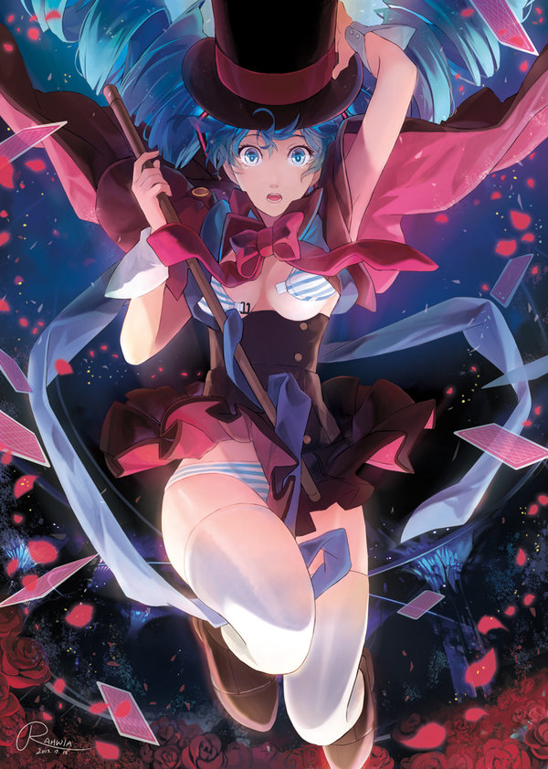 arm_up artist_name bad_id bad_pixiv_id blue_eyes blue_hair bra breasts cape card dated floating_hair flower hat hatsune_miku long_hair magician medium_breasts open_mouth panties petals rahwia rose skirt solo striped striped_bra striped_panties thighhighs top_hat twintails underwear unfastened vocaloid wand wrist_cuffs