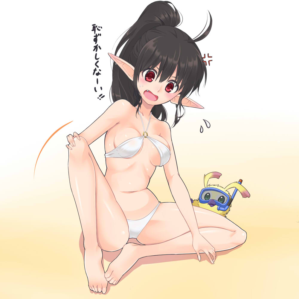 anger_vein barefoot bikini bird black_hair breasts diving_mask diving_mask_on_eyes fang flying_sweatdrops indian_style long_hair medium_breasts newman phantasy_star phantasy_star_online_2 pointy_ears ponytail ralf rappy red_eyes sitting snorkel solo swimsuit