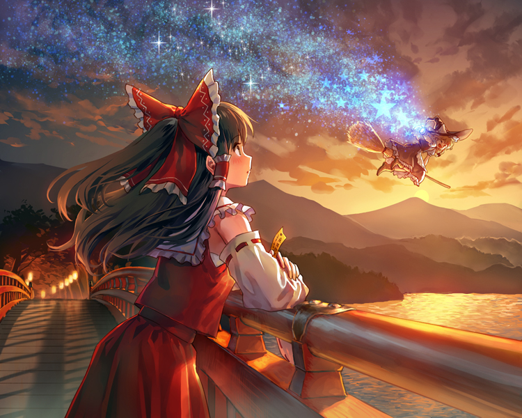 apron bad_id bad_pixiv_id blonde_hair blush bow bridge broom broom_riding brown_hair cloud cloudy_sky detached_sleeves flying hair_blowing hair_bow hakurei_reimu hat hat_bow kirisame_marisa lantern leaning long_hair long_sleeves looking_at_another mountain multiple_girls om_(carbohydratism) open_mouth railing river scenery shirt skirt skirt_set sky smile sparkle spell_card star sunset touhou twilight waist_apron waving wind witch witch_hat