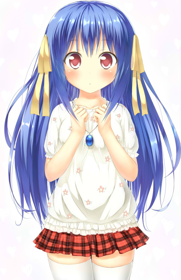 bad_id bad_pixiv_id blue_hair blush gem hair_ribbon jewelry long_hair looking_at_viewer necklace original pendant plaid plaid_skirt ribbon skirt solo thighhighs very_long_hair wataru_(zazazazazazawa) white_legwear