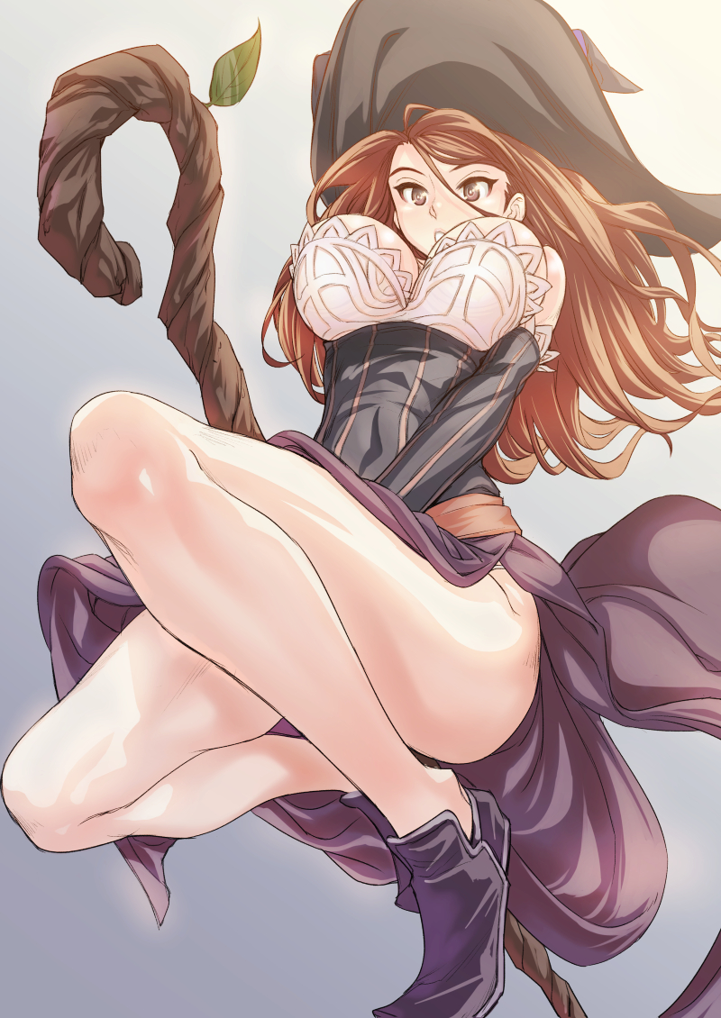bare_shoulders boots breasts brown_eyes brown_hair cleavage detached_sleeves dragon's_crown dress hat inu_(aerodog) large_breasts legs long_hair long_legs shiny shiny_skin shoes solo sorceress_(dragon's_crown) staff strapless strapless_dress thighs witch_hat