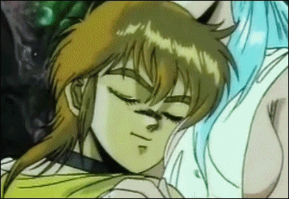 1boy 1girl 80s animated animated_gif bdsm blue_hair bondage bound breasts breasts_outside brown_hair cave eon flare flare_(lyon_densetsu_flare) glowing glowing_eyes hug lowres lyon_densetsu_flare monster oldschool sideboob sparks torn_clothes uchida_yoshihisa undressing