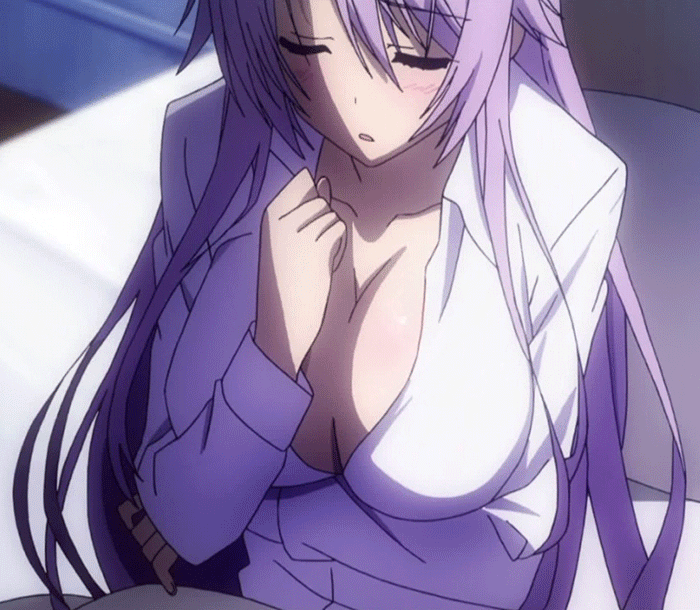 animated animated_gif blush breasts breathing eyes_closed kamisama_no_inai_nichiyoubi large_breasts purple_hair scar_(kamisama_no_inai_nichiyoubi)