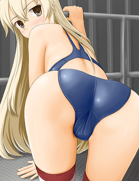 all_fours ass blonde_hair brown_eyes competition_swimsuit kantai_collection long_hair one-piece_swimsuit shimakaze_(kantai_collection) solo striped striped_legwear swimsuit thighhighs tk4