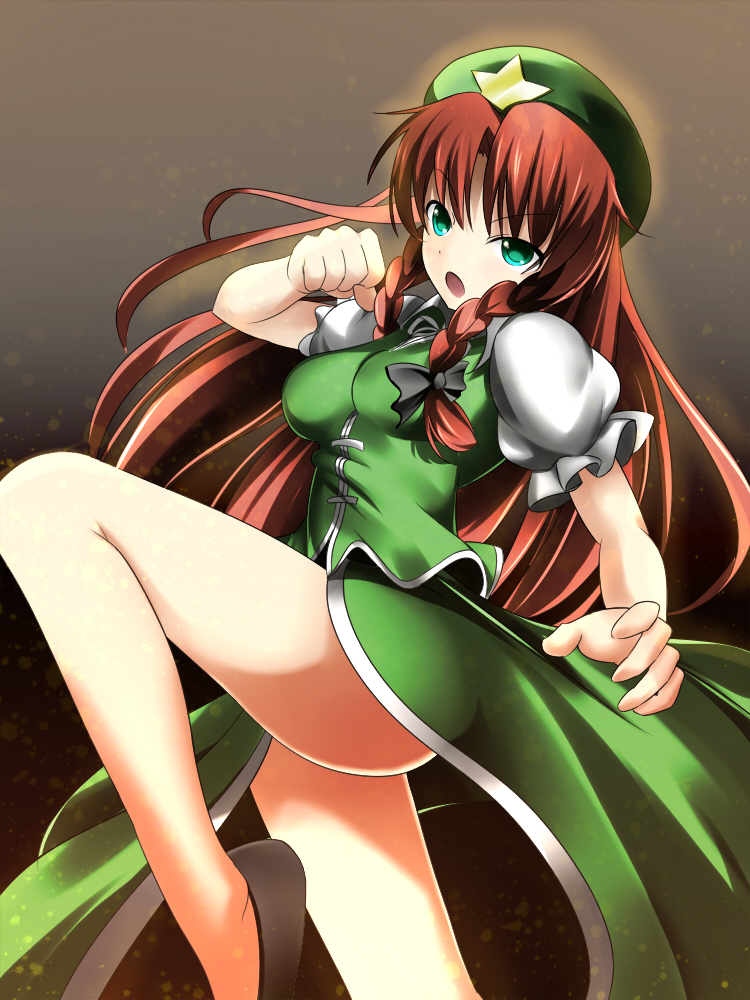 blush braid chinese_clothes clenched_hand fighting_stance green_eyes hat hong_meiling janne_cherry leg_up long_hair open_mouth red_hair short_sleeves skirt solo touhou twin_braids vest