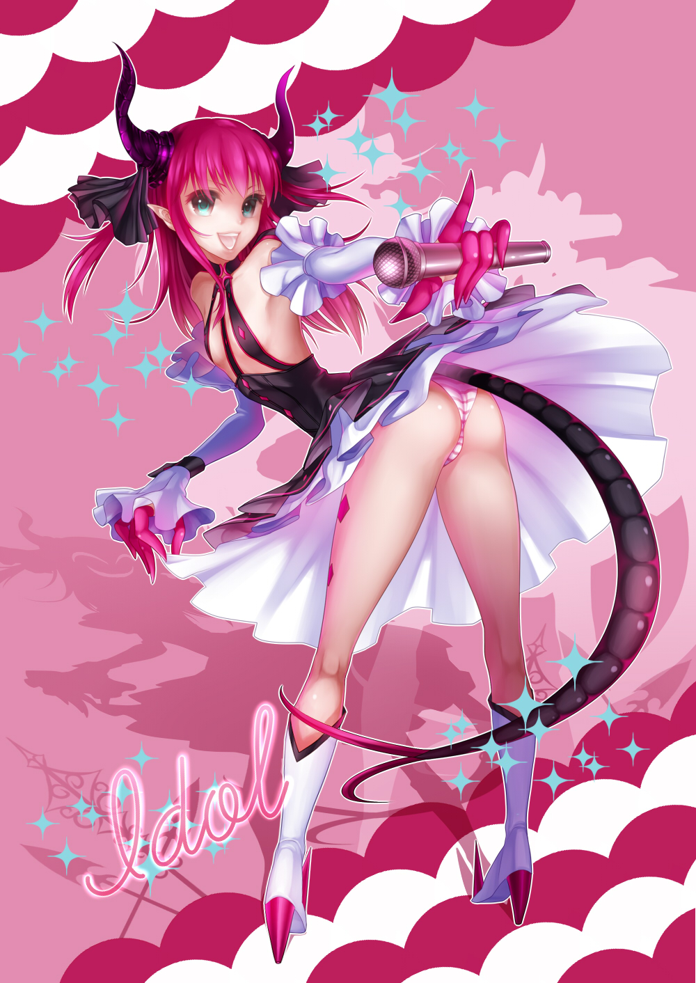 arkray bad_id bad_pixiv_id blue_eyes boots claws detached_sleeves dress elizabeth_bathory_(fate) elizabeth_bathory_(fate)_(all) fate/extra fate/extra_ccc fate_(series) from_behind highres horns idol long_hair microphone panties pink_hair pose solo tail two_side_up underwear