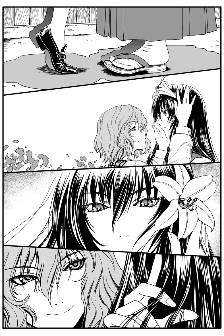 close-up comic eye_contact eyelashes face flower greyscale hair_flower hair_ornament hands_in_hair hands_on_another's_face height_difference kazami_yuuka lily_(flower) loafers long_hair looking_at_another m.u.g.e.n monochrome multiple_girls original petals sandals sendai_hakurei_no_miko shoes short_hair smile tabi tiptoes touhou yuri