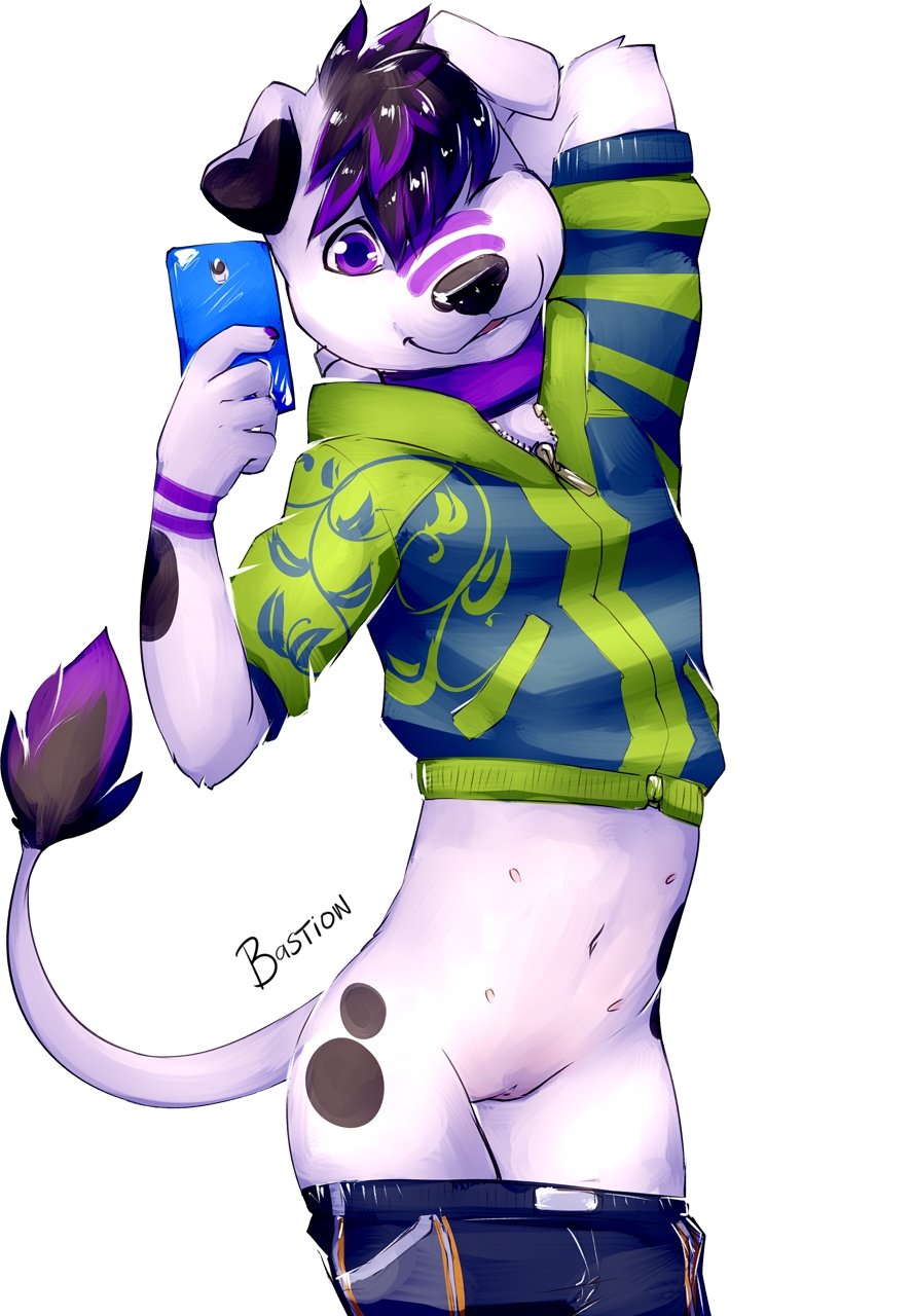 anthro bastion canine cellphone clothing collar cuntboy dog fur hoodie intersex littleorion mammal multi_nipple navel nipples phone purple_fur pussy simple_background standing teenager white_background white_fur young