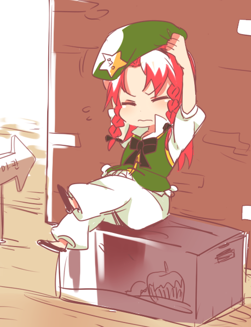 box braid child chinese_clothes directional_arrow hat hong_meiling long_hair on_box pants red_hair sitting sitting_on_box sitting_on_object six_(fnrptal1010) sleepy solo star touhou twin_braids wall