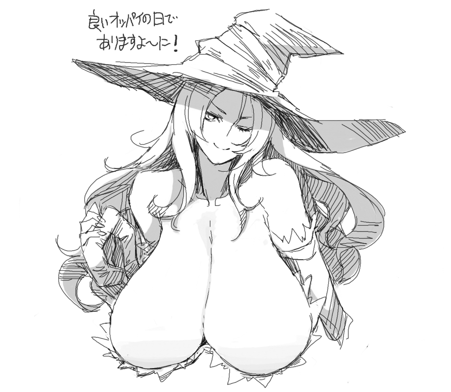angelo_(gomahangetsu) bare_shoulders breasts cleavage dragon's_crown gigantic_breasts greyscale hanging_breasts hat long_hair looking_at_viewer monochrome one_eye_closed sagging_breasts simple_background solo sorceress_(dragon's_crown) translation_request white_background witch_hat