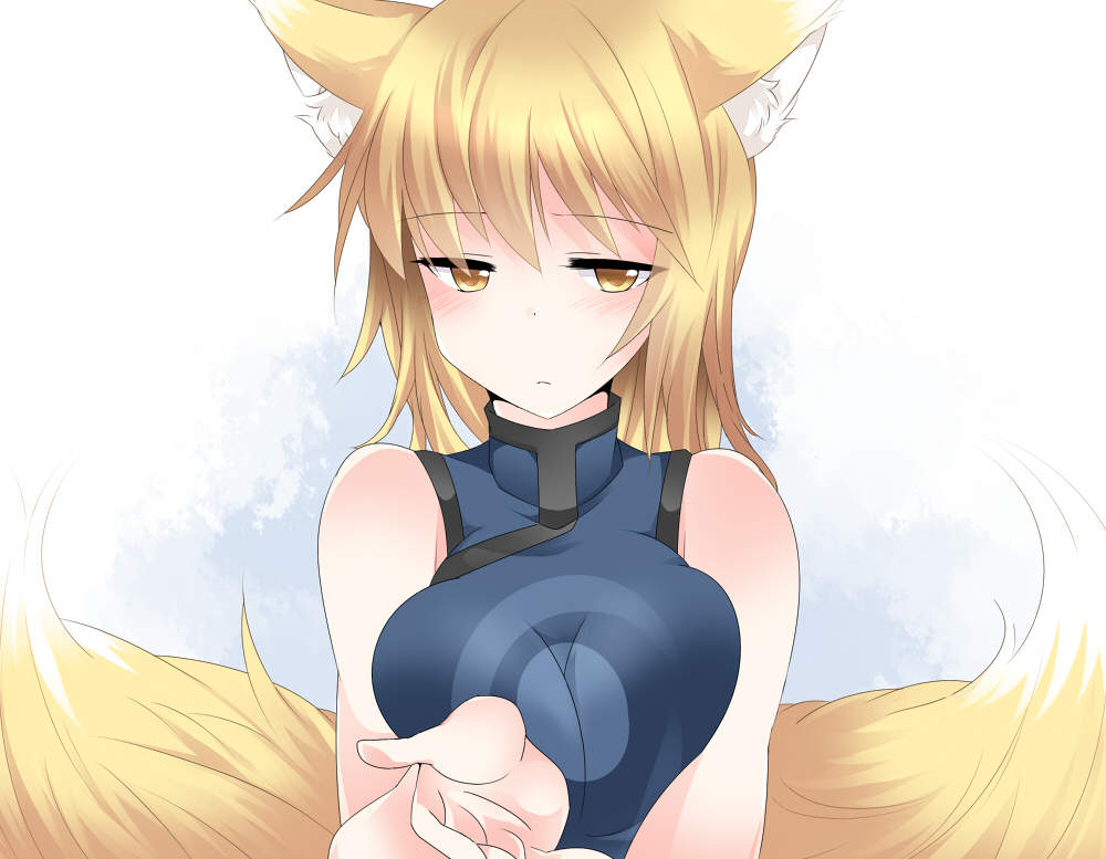 animal_ears bad_id bad_pixiv_id bare_shoulders blonde_hair breast_squeeze breasts chinese_clothes fox_ears fox_tail hammer_(sunset_beach) looking_at_viewer medium_breasts multiple_tails no_hat no_headwear short_hair solo tail touhou upper_body yakumo_ran yellow_eyes
