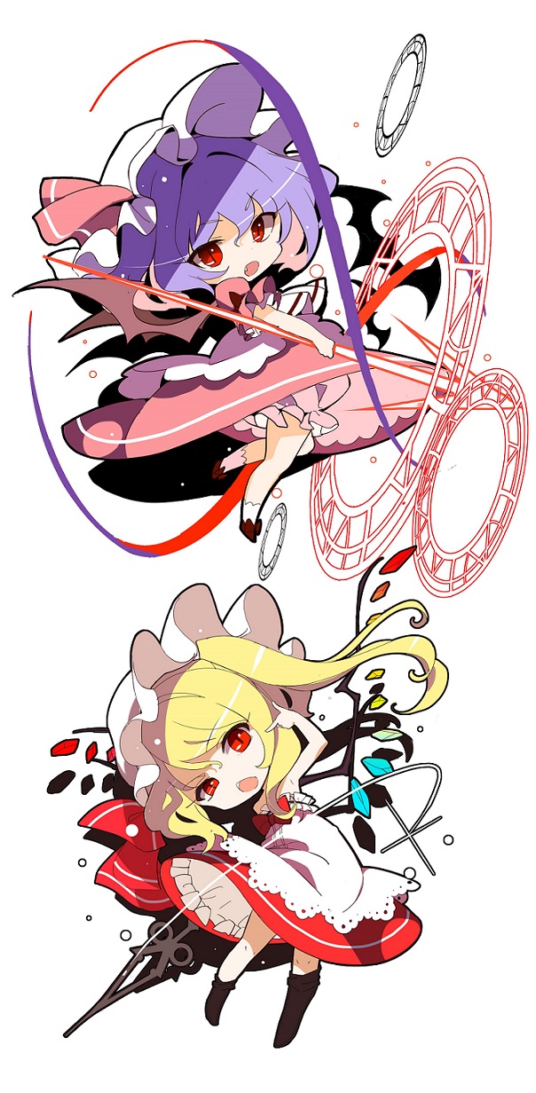 adapted_costume apron bat_wings blonde_hair blue_hair dress fang flandre_scarlet hat highres laevatein looking_at_viewer magic_circle mob_cap multiple_girls open_mouth pink_dress puffy_sleeves red_dress red_eyes remilia_scarlet samail short_sleeves siblings sisters slit_pupils spear_the_gungnir touhou wings