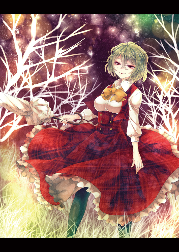 ascot black_legwear breasts grass green_hair kazami_yuuka kyoma_(yellowxcake) long_sleeves medium_breasts pantyhose plaid plaid_skirt plaid_vest red_eyes shirt short_hair skirt smile solo touhou tree umbrella vest